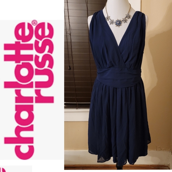 CHARLOTTE RUSSE V-NECK DRESS. SIZE: 2X BUST:23” WAIST:40” NAVY BLUE WITH LINING. - Picture 1 of 12